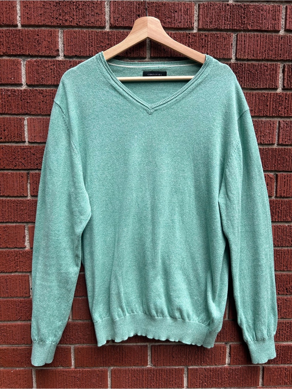 Cortefiel Men’s Mint Green V-Neck Knit Sweater Size Large Spanish Menswear